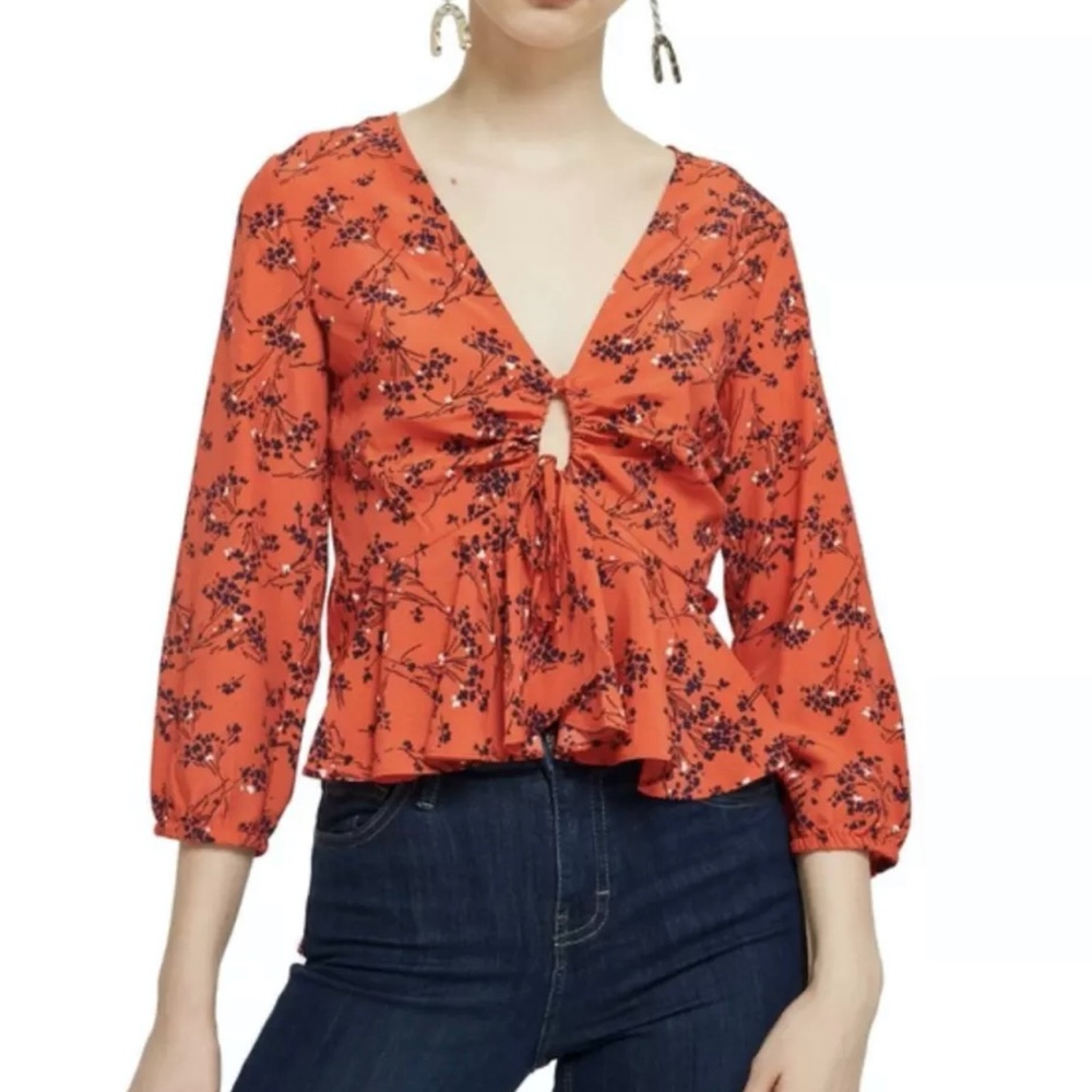 Topshop Red Orange Floral Cut Out Tie Front Peplum Blouse Size 4